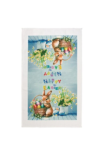 OEM Prosop de Bucatarie Bleu Iepure Cos cu Oua Colorate & Flori de Paste 58x35cm