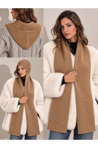 Irmak Kerekli Women's soft textured knit scarf beanie | balaclava scarf beanie 72109 camel