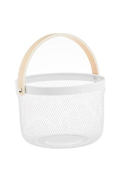 OEM Cos Metalic Rotund Ecru cu Maner din Lemn Ø25x17.5cm
