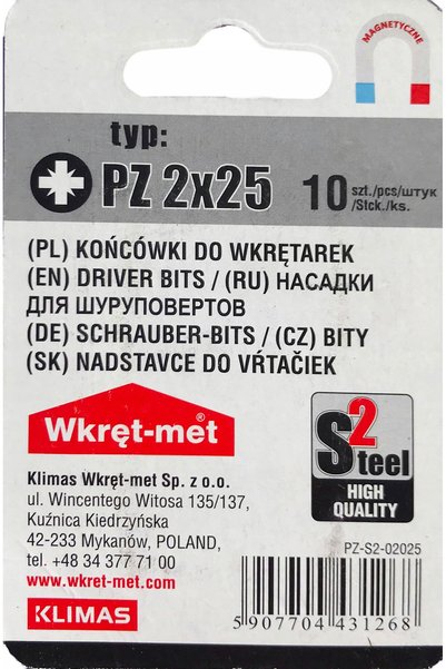 Klimas Wkret-Met Biți pentru șurubelniță PZ2 25mm 40 bucăți magnetic Klimas