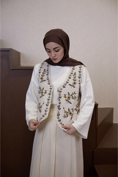 fayaboutique.com Vizon Papatya Nakışlı Keten Yelek