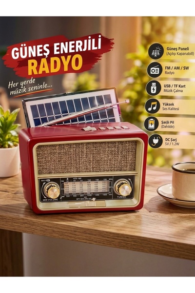 İDEXAL Güneş Panelli Nostaji Radyo FM AM SW 8 Band USB TF Kart Şarjlı Taşınabilir Nostaji Radyo