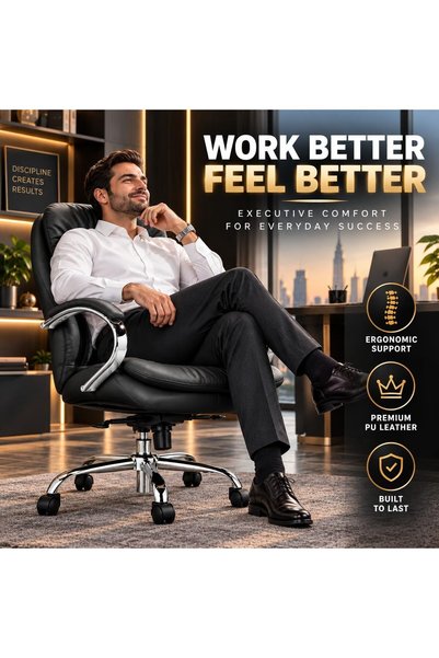THE RED CREW TANGO-M High Back Executive Office Chair, Premium PU Leather, High-Density Foam, 5 Locking Positions, Chrome Armrests & Base, Class 3 Gas Lift, 2 Year