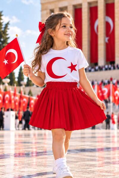 KOZADANKIDS KIZ ÇOCUK 23 NİSAN, 29 EKİM GÖSTERİ, TÖREN KIYAFETİ, KIRMIZI ETEK...