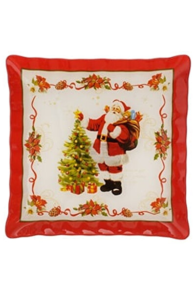 OEM Farfurie de Craciun Patrata din Sticla cu Mos Craciun Brad 25x25cm