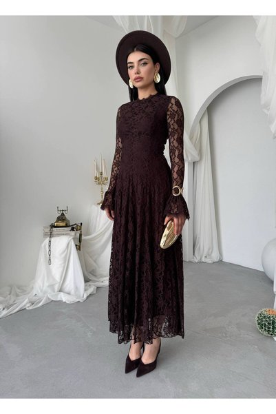 Ayzde Fashion Kadın Dantel Elbise Uzun Kollu Kloş Midi Boy Zarif Şık Elbise-0...