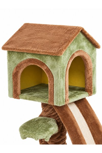 FERAH PLASTİK Tırmalamalı Kedi Evi Ağaç Tasarımlı Rampalı Peluş Kedi Ağacı Yeşil Kahverengi