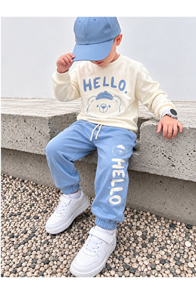 zepkids Boys' Tracksuit Set Hello Teddy Bear Printed Sweatshirt Baby Blue Spo...