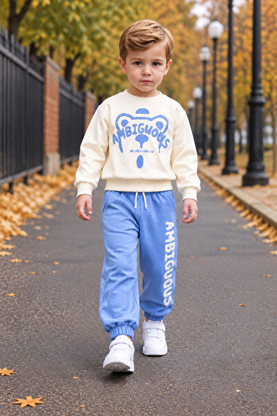 zepkids Boy's Tracksuit Set 2-Piece Seasonal Sweatshirt Ecru Baby Blue Sports...
