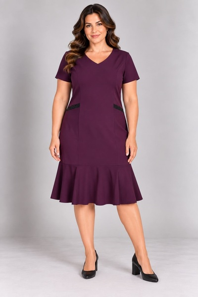 EVEN plus size Mürdüm V Yaka Kısa Kollu Yanları Sim Detaylı Büyük Beden Elbise