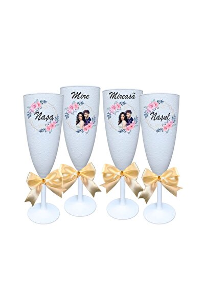 OEM Set de 4 pahare, Nuntă, Mire, Mireasă, Naști, Alb, PHRP051