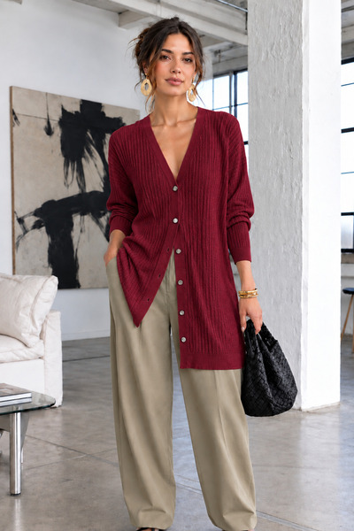 COMBİNE MİCHAİL Damen-Strickjacke in bordeauxrot, lang, für die Saison