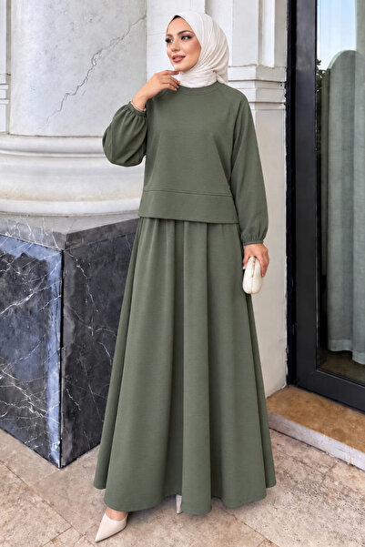 Neva Style Dikiş Detaylı Oysho Kumaş Açık Haki Tesettür Etekli Takım 3011AHK