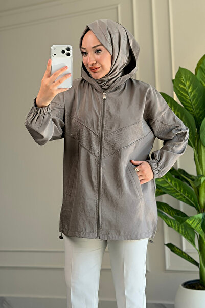 Suede Style 6683 - Şık Rahat Salaş Şeftali Kumaş Taş Detaylı Kapüşonlu Kadın ...