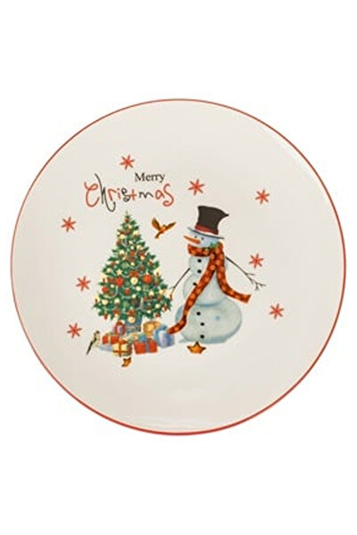 OEM Farfurie de Craciun din Portelan Ecru Om de Zapada "Merry Christmas"" Ø19cm"