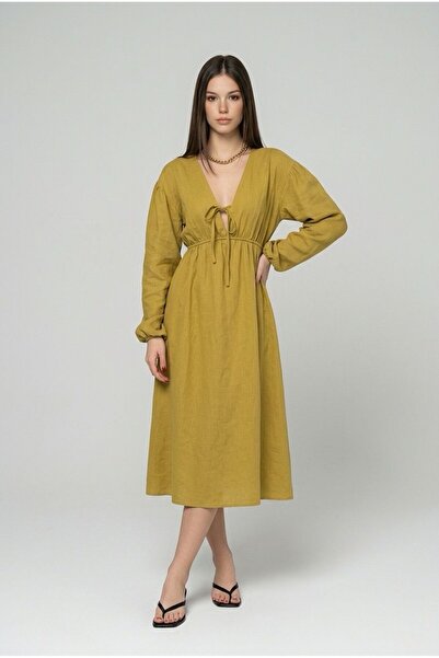 Moodel Oil Green Muslin Dress with Elastic Waist and Lace Detail