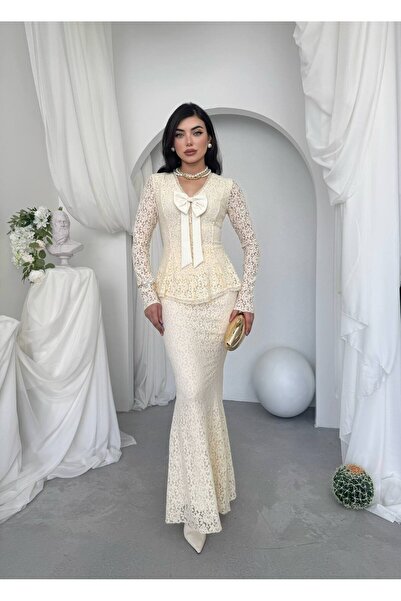 Ayzde Fashion Kadın Dantel Detaylı Fiyonklu Peplum Balık Model Abiye Elbise-0...
