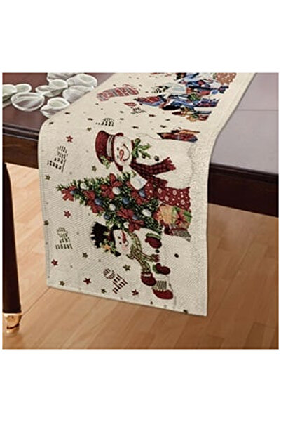 OEM Napron de Craciun Bej Om de Zapada Brad Cadouri cu Lurex Argintiu 150x33cm