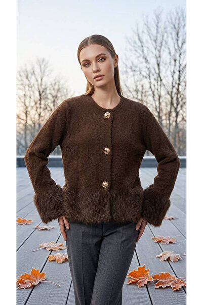 AYMİSS MODA KÜRK DETAYLI,ANGORA,METAL DÜĞMELİ(65 CM) KADIN HIRKA