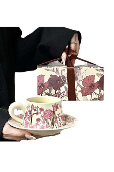 Generic Ceramic Coffee Cup and Saucer Gift Box Set，Vintage Floral Design，Perf...