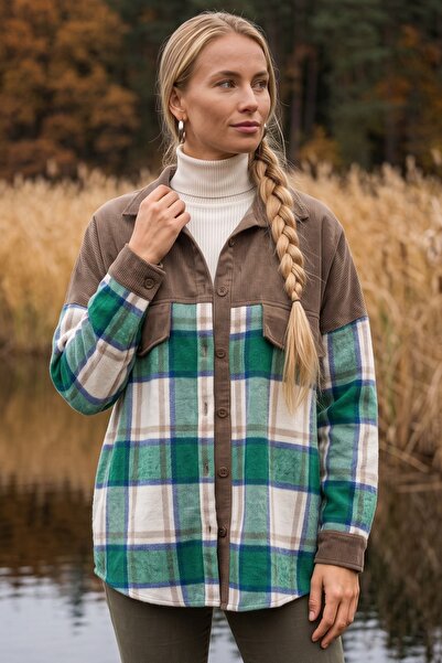 Chiccy Green-Beige Shirt with Collar, Cuffs and Sleeves, Lumberjack Plaid, Bu...