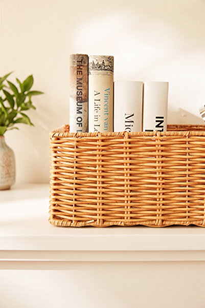 Ocean Home Textile Yıkanabilir Bej PP Rattan Dolap İçi Çamaşır Çocuk Odası Oyuncak Düzenleyici Saklama Sepeti Organizer 39x29x13