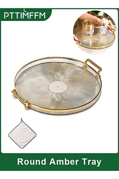 Generic Round Amber Decorative Serving Tray with Gold Handles & Absorbent Han...