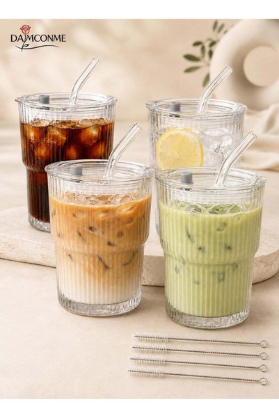 Generic 4Pack Coffee Cups Simple Vertical Stripes Water Glasses with Lids and...