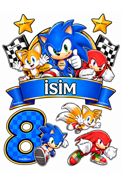 telaşe memuru İSİMLİ - 8 Yaş SONİC Pasta Süsü - Pasta Resmi ve Pasta Baskısı-...