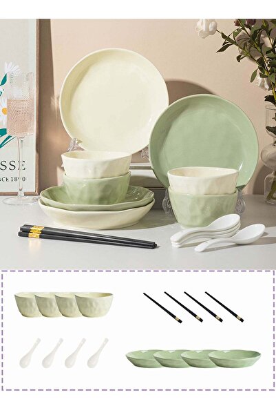 Generic 16 - Piece Aesthetic Ceramic Dinnerware Set, Green & White Two - Tone...