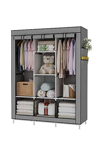 Generic Grey Closet Organizer with Non-Woven Fabric Cover, 6 Shelves, 2 Hangi...