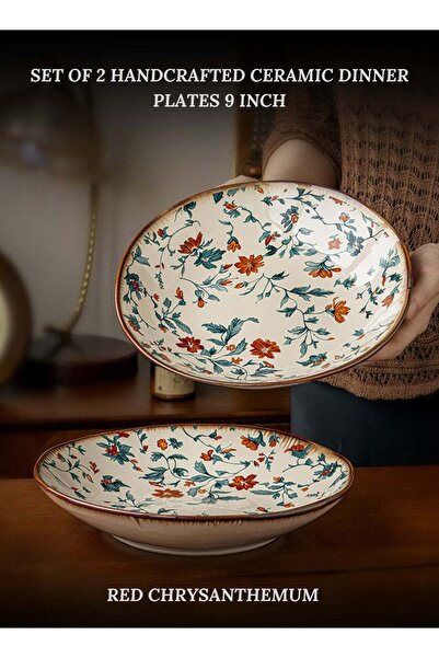 Generic Set of 2 Handcrafted Ceramic Dinner Plates 9 inch "Red Chrysanthemum"...