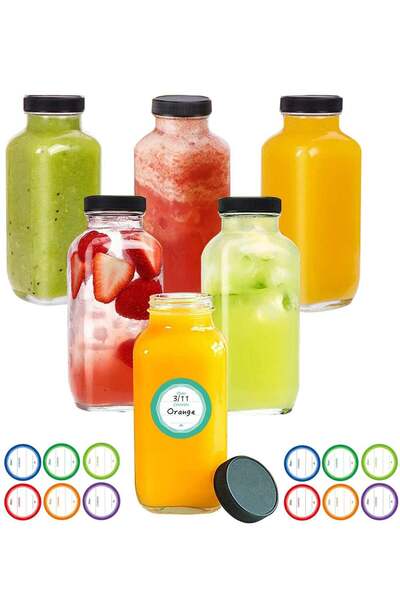 Generic Glass Juice Bottles 12oz, 6 Pack Reusable Glass Water Bottles with La...
