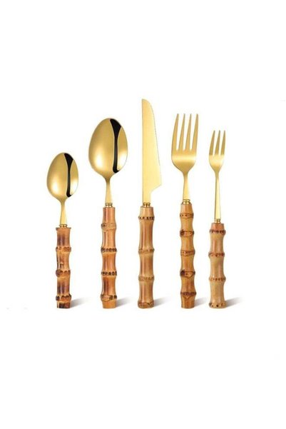 Generic Bamboo Silverware Set Stainless Steel Tableware Set Natural Utensil F...