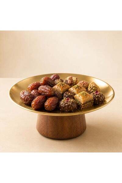 Generic Gold-Tone Pedestal Serving Tray with Wood Base, Stainless Steel Desse...