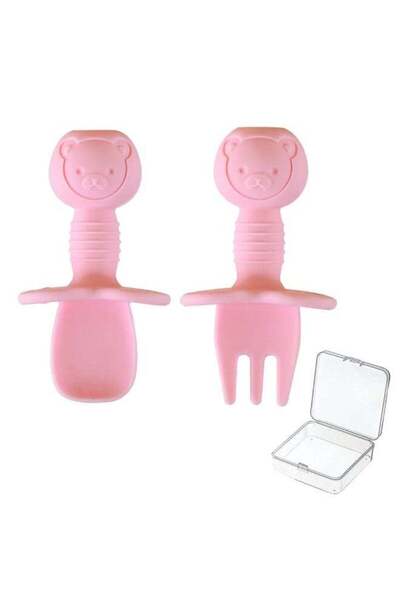 Generic JZS Baby Spoon & Fork Set Silicone Self Feeding Utensil Easy Grip Tod...