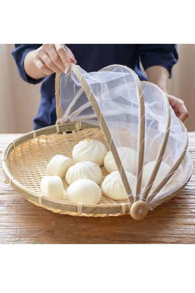 Generic Handcrafted Bamboo Food Tent Basket With Insect-Proof Mesh Cover - Po...