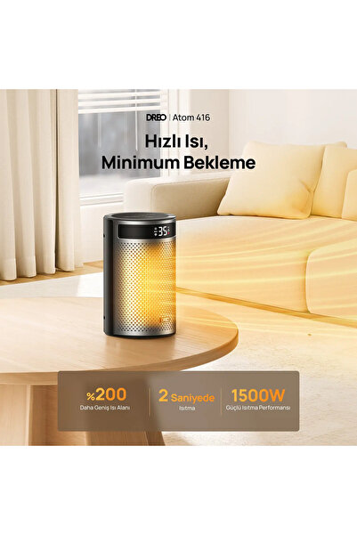 DREO Atom 1500W Seramik Elektrikli Isıtıcı – 2 Saniyede Hızlı Isıtma, 34 dB Sessiz Çalışma, ECO Mod, 12 Saat Zamanlayıcı