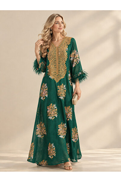 Greneric عباءة نسائية أنيقة - تصميم طويل مع تطريز بالترتر الفضي لعيد الأضحى