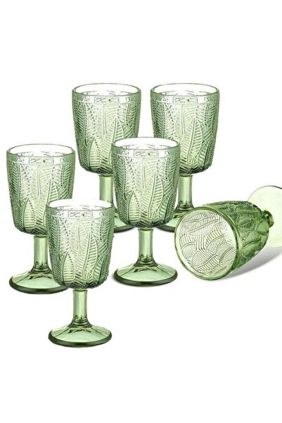 Generic Set of 6 Vintage Wine Glasses, Green Tall Glasses with Embossed Leaf ...