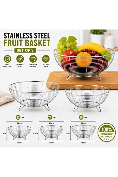 Generic ARTC Multipurpose Stainless Steel Fruit Basket Set of 3 (22cm, 24cm, ...