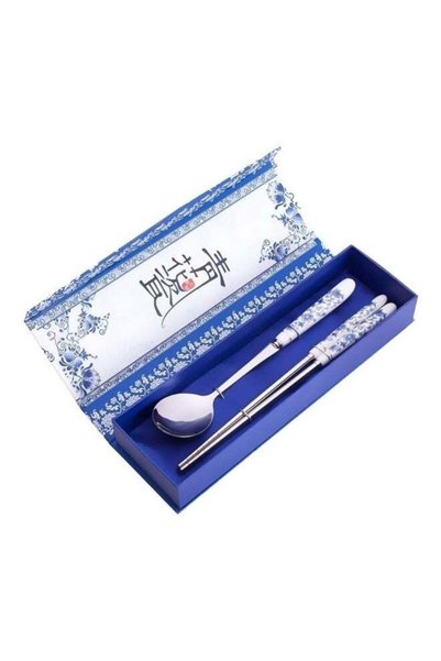 Generic 2-Piece Steel Chopsticks And Spoon Set Silver/White/Blue