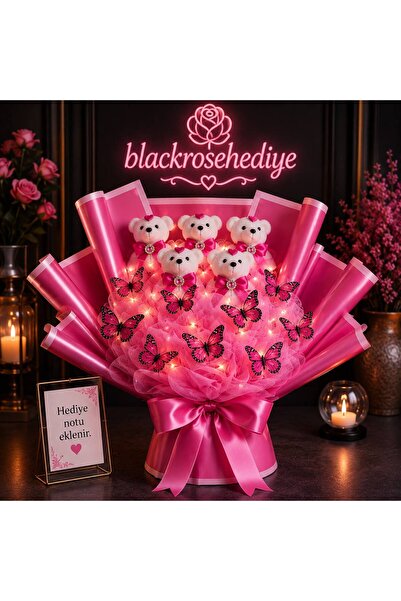 blackrosehediye Ayıcıklı Kelebekli Uzun Saplı Işıklı Buket | Kaliteli Peluş A...
