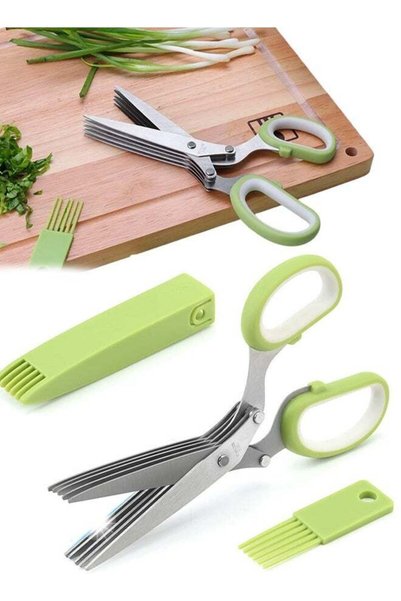 Generic 5 Blade Stainless Steel Herb Scissors Set with Safety Cover and Clean...