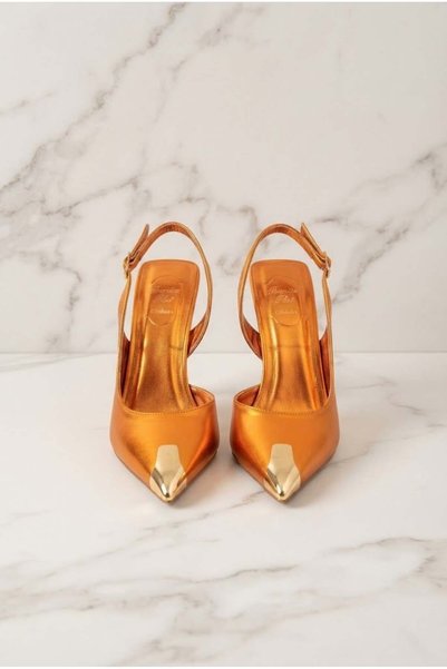 ShoeTek Lavsa Women's Heeled Shoes Gold Heel with Iron Toe Orange Leather