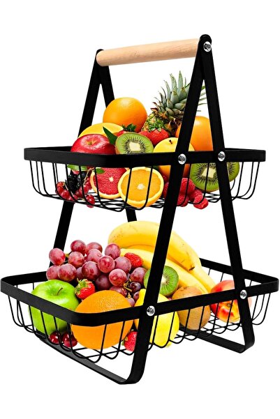 Generic 2-Tier Fruit Basket with Wooden Handle - Detachable Metal Storage Rac...