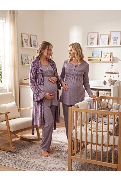 Lohusa Homewear طقم بيجامة شتوي جديد من المخمل الأرجواني بياقة شال وأزرار للر...