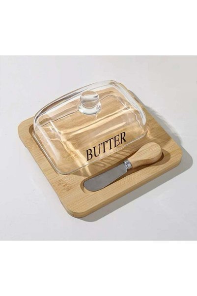 Generic Wooden tray with glass cover for butter and cheese