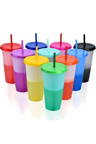 Generic Pack of 10 Reusable Plastic Cups with Lids and Straws 24oz Color Chan...
