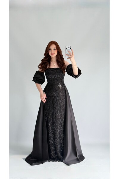 ayşenur Dinçer butik Patronus Pelerinli Abiye Siyah